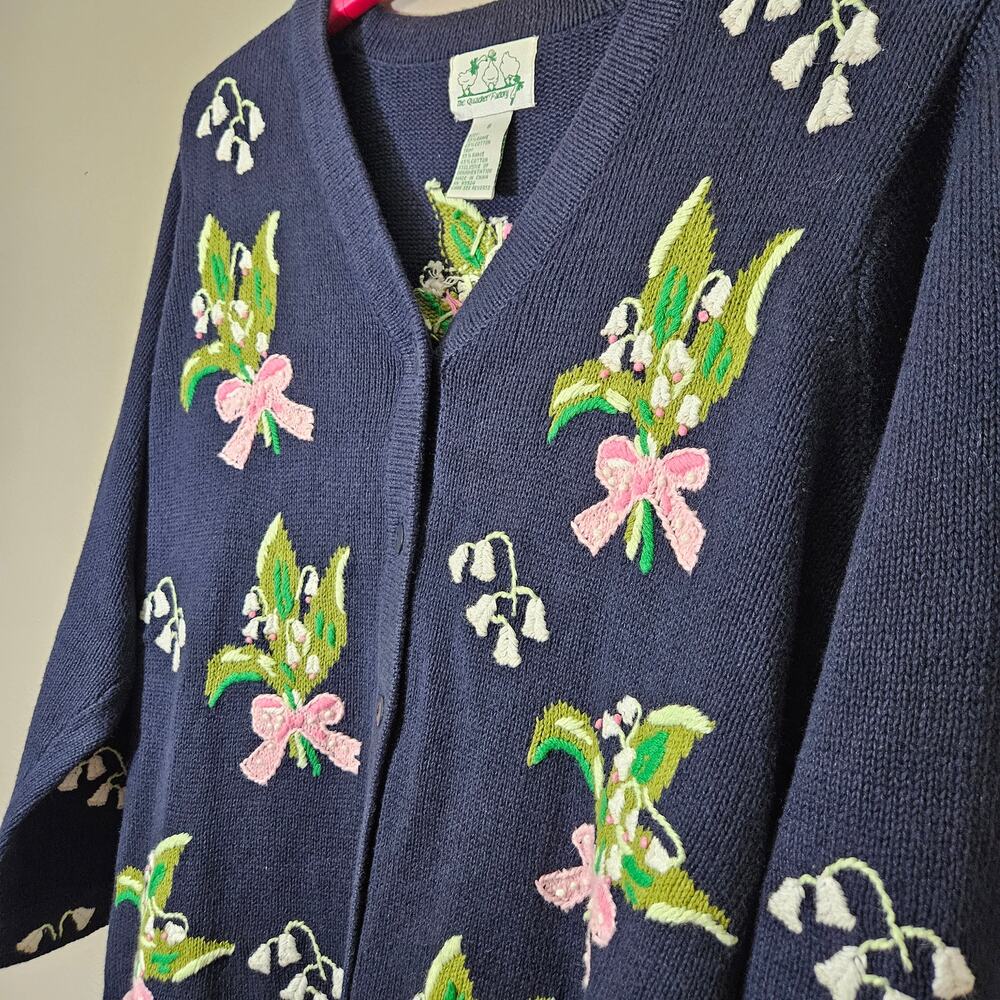 VTG QuackerFactory Navy Lily Embroidered Cardigan S 90s GrandmaCore Cottage Cozy